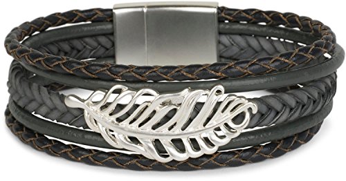styleBREAKER Armband mit Feder Schmuck Element, Flechtoptik, geflochten, Magnetverschluss, Wickelarmband, Damen 05040106, Farbe:Dunkelgrau
