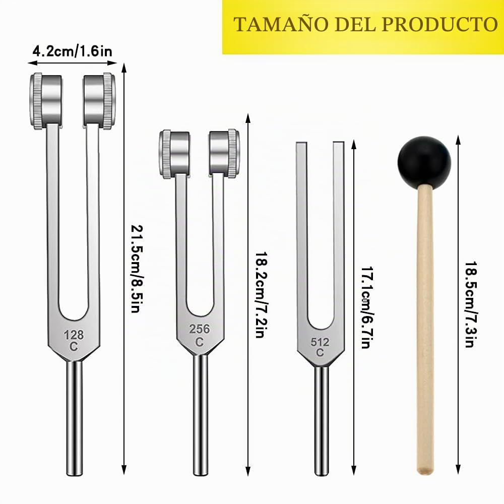 Juego de Diapasones, Diapasón de aleación de Aluminio 128Hz, 256Hz, 512Hz, Juego de Martillo de Horquilla de Afinación con un Martillo de Silicona, para Curación Médica y de Chakras