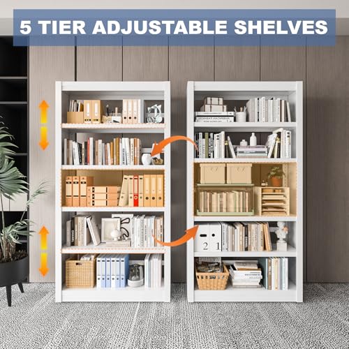 Image of VASAAOSD Metal Bookshelf, Adjustable White Bookcase, 5 Tier, 61 inch Tall | Sturdy Metal, Adjustable, Toolless Easy Assembly Book shelves, For Home Office, Living Room, Bedroom, Library