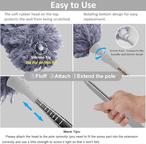 Microfiber Feather Duster with Extendable Pole, 30-100 inches Extra Long Cobweb Duster for Cleaning, Bendable Head, Non-Scratch, Washable Duster for Ceiling, Fan, Furniture Gray
