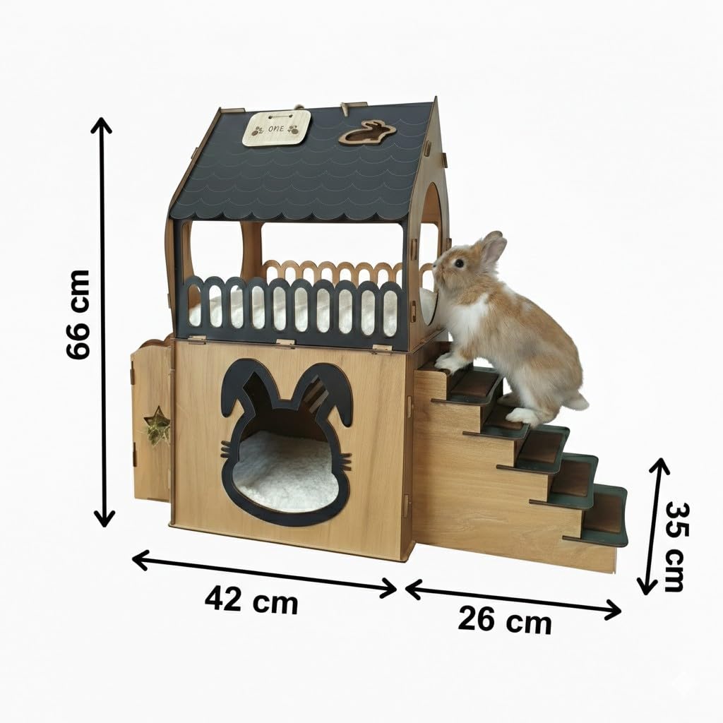 Maison Lapin Intérieur XL Naturel Anthrazit | Enclos pour Cochon d'Inde & Cobaye | Clapier 2 Étages avec Mangeoire & Balcon