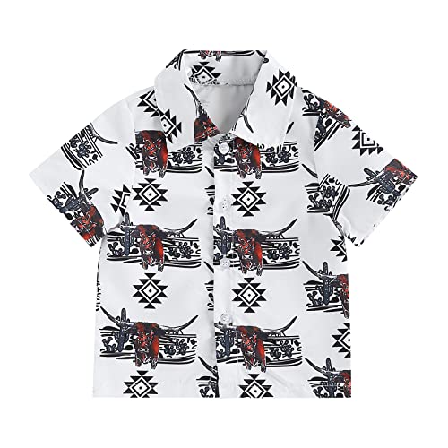 Image of Toddler Baby Boy Brother Matching Outfit Short Sleeve Cow Print Button Down Romper or Shirt Summer Western Clothes