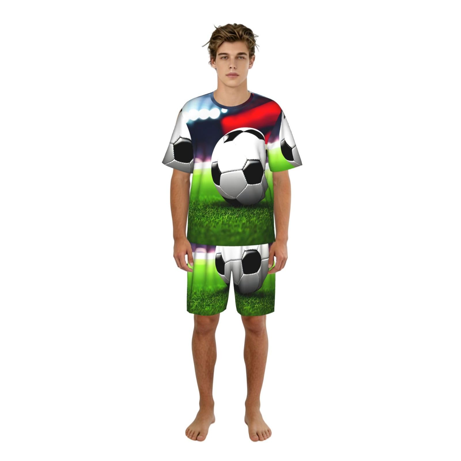 Conjunto de pijama para hombre con estampado de pelota deportiva de fútbol, ropa de dormir cómoda para hombre, perfecto para las noches de verano