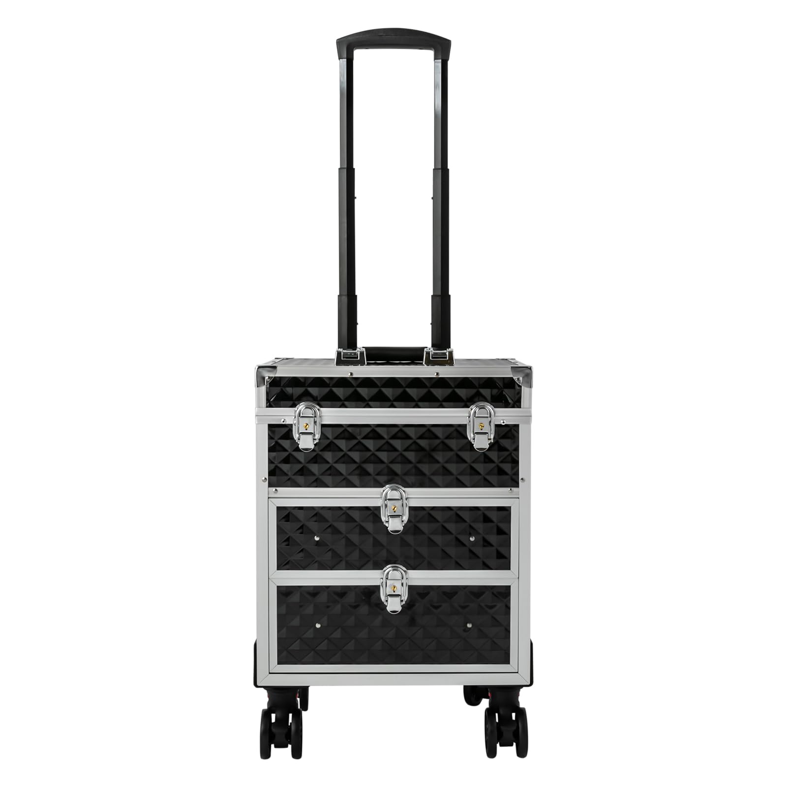 NOWMORE Professional Rolling Makeup Case, Aluminum Trolley Train Case Cosmetic Organizer with Sliding Drawers, Makeup Case with 360° Rotatable Wheels