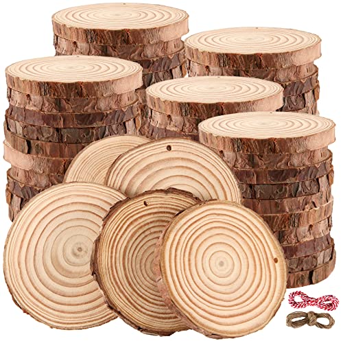 HEIYUET 50 Stück 10cm Holzscheiben mit Loch und Juteschnur Baumscheiben Rund Klein unlackierte Holzkreise Holz Log Scheiben für Bastelarbeiten Ornamente rustikale Hochzeitsdekoration