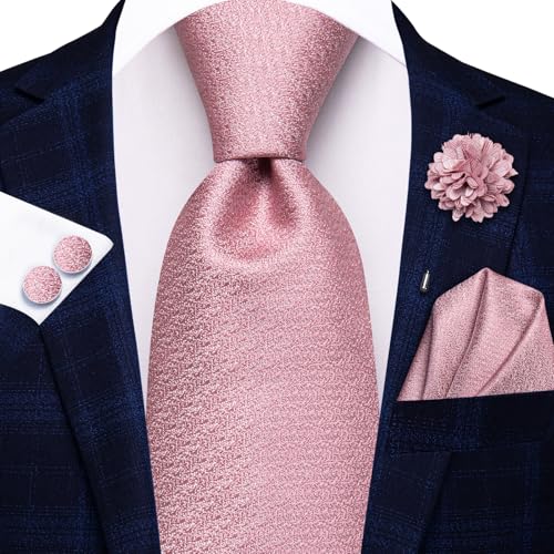 Image of Hi-Tie Men Silk Ties Set with Flower Lapel Pin Necktie Pocket Square Cufflinks for Tuxedo Wedding Business