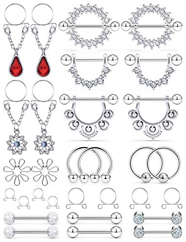 Kridzisw Nipple Rings for Women 14G Stainless Steel Fake Nipplerings Non Piercing Nipple Rings Screw Clip On Nipple Rings Piercing Jewelry Retainer for Women Silver