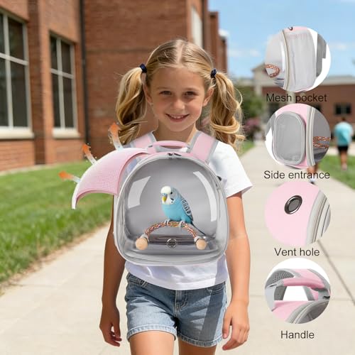 Image of Small Bird Travel Backpack Carrier Cage, Backpack to Transport Backpack Carrier with Metal Tray Stand Perch for Parakeet Cockatiel Budgies Vet Carry Book Bag Green