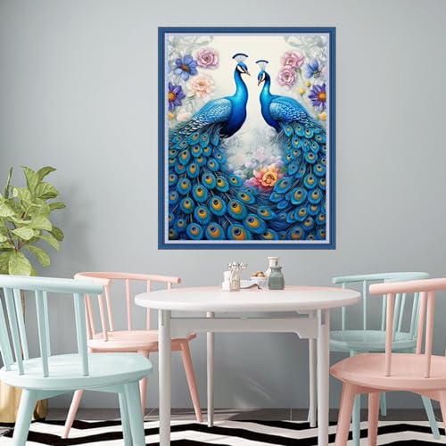 Image of Redxing Stamped Cross Stitch Kits Full Range of Embroidery Starter Kits- Needlepoint Counted Cross Stitch Kits for Beginner Adults 11CT Printed Embroidery Kit-Two Blue Peacocks 16x20 inch