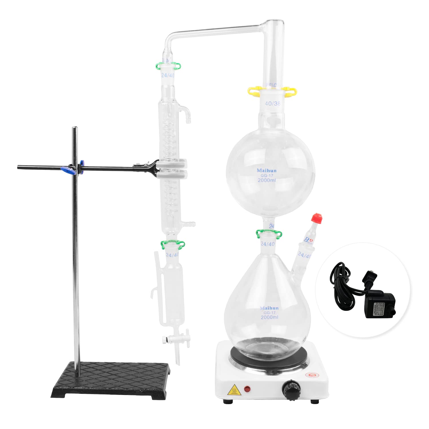 Kit de aparato de destilación de laboratorio de 2 L, equipo de cristalería de laboratorio de química para destilación de vapor de aceite esencial, destilador de agua, purificador con estufa caliente