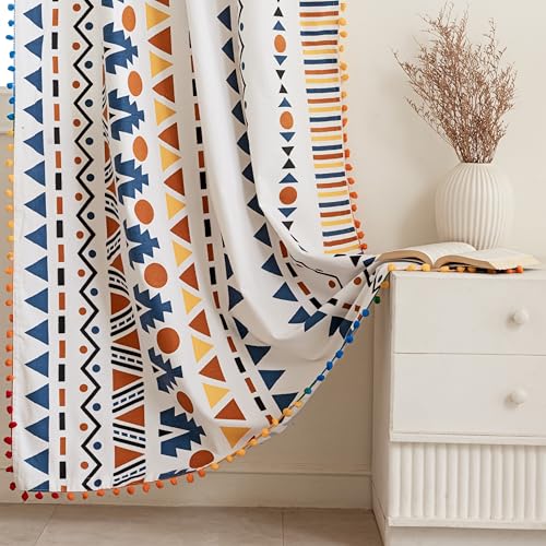HOMEMONDE Window Rod Pocket Curtains 5 Feet Set of 2 - Cotton Printed Room Darkening Curtain with Tassels, 65% Light Blocking Panels - (Blue Santo, 60 Inch)