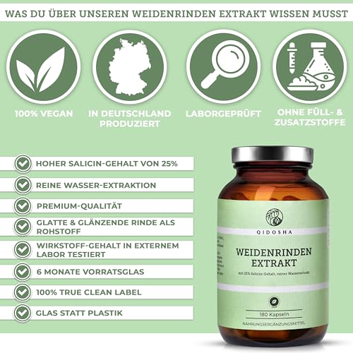 QIDOSHA® Weidenrindenextrakt mit 25% Salicin, 180 Kapseln im Apothekerglas, Wirkstoff-Gehalt in externem Labor testiert, 250mg je Kapsel, deutsche Fertigung