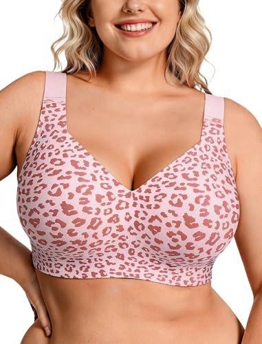 OEAK Womens Wireless Bras Supportive Seamless Full Coverage Bra Push Up Comfortable Bra No Underwire Everyday Tshirt Bras Pink Leopard 3XL