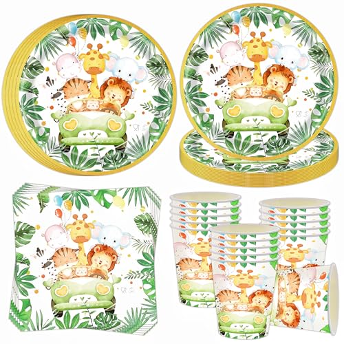 Louça de festa de safari da selva para 16 convidados, 52 unidades, conjunto de pratos de festa de aniversário de safari na selva, conjunto de pratos de papel, guardanapos, decoração para crianças e