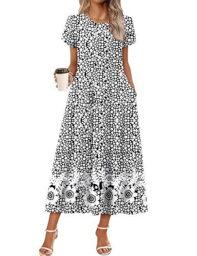 Image of Zeagoo Summer Dresses for Women 2026 Maxi Bohemian Floral Short Sleeve Long Dress Casual Flowy Tired Beach Sundress