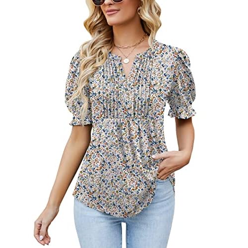 Ivicoer Women's Summer Puff Short/Long Sleeve Tops V Neck Pleated Shirts Floral Tunic Blouses Dressy Casual S-XXL