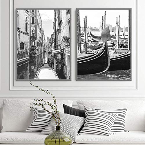 Pintura de la arquitectura de Venecia, carteles de fotos en blanco y negro, Italia, paisaje de la calle de Venecia, cuadro en lienzo, decoración para sala de estar, 50x75cmx2 uds, sin marco