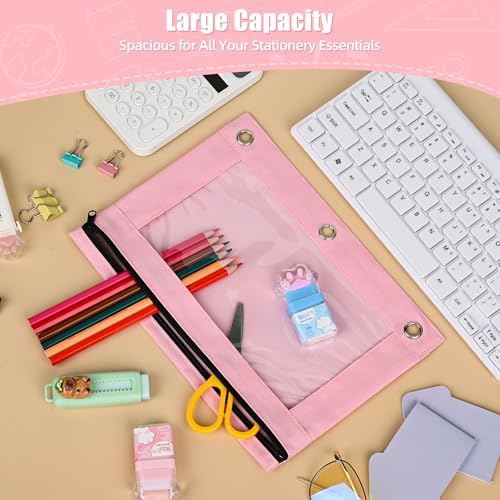 Image of Lanpn Pencil Pouch for 3 Ring Binder 6 Pack, Pink Binder Pen Bags with Zipper, Cute 3 Holes Pencil Pouches Organizer for Boy Girl Kids School Student, Reinforced Grommets & Clear Window