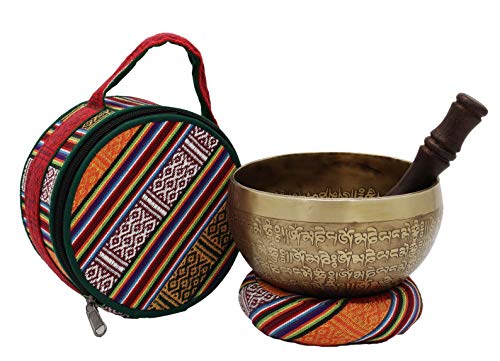 KHUSI 6 Inch Tibetan Singing Bowl, Full Mantra Conch Engraved Sound Bowl for Mindfulness Chakra Bowl, Comes w/Silk Box, Cushion and Leather grip Mallet