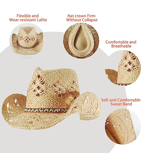 Image of Men's Cowboy Hats Summer Women Beach Cowgirl Hat Raffia Unisex Western Sun Hat