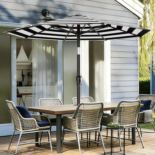 Image of AreShark 9 FT Patio Umbrella for Outdoor, Outdoor Table Umbrella with Push Button Tilt and Crank, Outdoor Patio Umbrellas with 8 Sturdy Ribs for Market, Garden, Pool (Black & White Stripe)