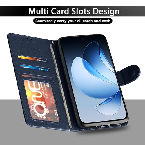 Image of Pikkme Flip Cover Leather Finish | Inside TPU with Card Pockets | Wallet Stand and Shock Proof | Complete Protection Button Flip Case for Oppo Reno 13 5G(Blue)