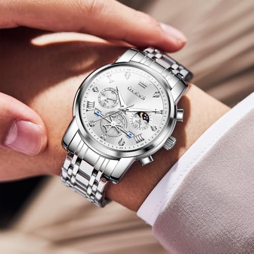 Image of OLEVS Men Watches Stainless Steel Chronograph Watch, Large Wrist Analog Quartz Watch, Fashion Waterproof Diamond Roman Numerals Dress Watches for Men, Gold /Black /White /Blue /Grey Dial
