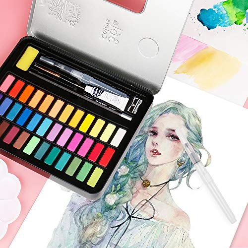 Entweg Conjunto de Aquarelas Sólidas, 48 Cores - com Pincel de Água, Lápis, Esponja, Papel