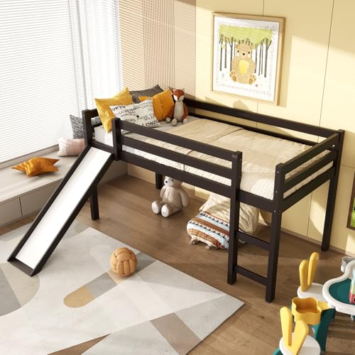 IFANNY Loft Bed with Slide, Solid Wood Low Loftbed Twin Size with Storage and Ladder, Wooden Bedframe with Safety Guardrails, Twin Loft Bed for Kids Boys Girls Teens, No Box Spring Needed (Espresso)