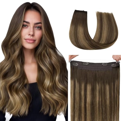 HOTBANANA Wire Hair Extensions 16 inch 95g Chocolate Brown to Caramel Blonde Invisible Fish Line Real Human Hair Extensions Straight