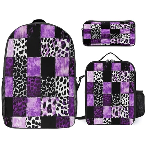 Purple Black Patchwork Quilt With Leopard Pattern Backpack Set 3 Pieces Backpacks Lunch Bag Wallet For Travel Outdoor Sports