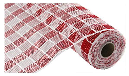 Craig Bachman 10 Inch Metallic Check Mesh: Red & White Plaid (10 Yards) Deco Mesh Fabric, Crafting, Wreath, Gift Wrapping, Floral Ribbon