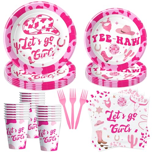 Xenorik Cowgirl Theme Let's Go Girls Party Tableware Decorations - Hot Pink Disco Cowgirl Party Supplies Dinnerware For Birthday Bachelorette, Dinner Plate, Dessert Plate, Cup, Napkin, Fork | Serve 24