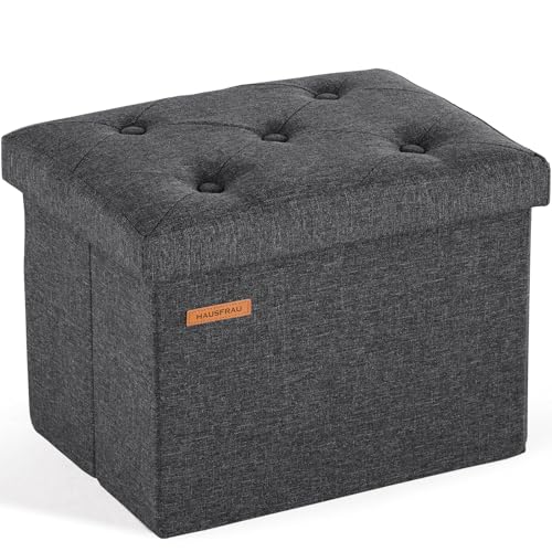 HAUSFRAU Sitzhocker mit Stauraum kleine Sitzbank Hocker klappbar Aufbewahrungsbox, bis 130 kg belastbar, Fußbank für Wohnzimmer Schlafzimmer Flur, 42x31x31 cm, Leinen Dunkelgrau