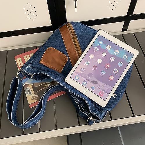 Image of Denim Purse for Women Men Tote Bag with Zipper Crossbody Blue Jean Purses Canvas Shoulder Bag Hobo Handbag