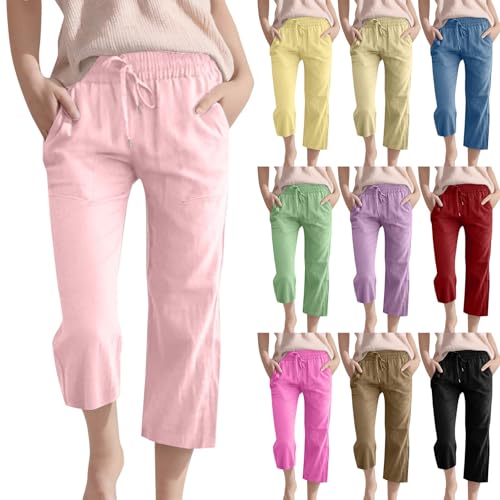 Wide Pants for Girls High Waisted Straight Legs Linen Pant Pull On Elastic Waist Loose Cropped Trousers with Pockets
