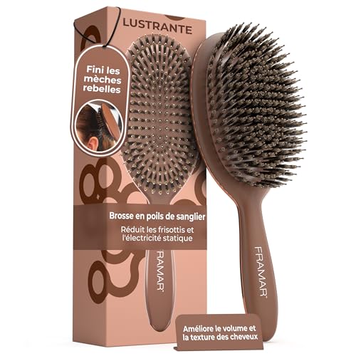 FRAMAR brosse en poils de sanglier souple – brosse en poils de sanglier pour femmes et hommes, boar bristle hair brush, pour un effet plaqué, du volume et de la...