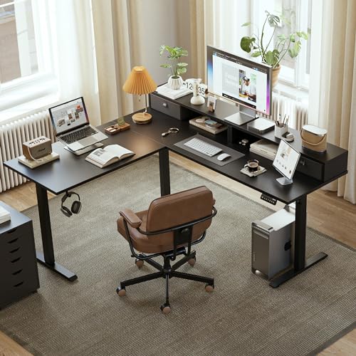 Image of Agilestic L Shaped Electric Standing Desk with 2 Drawers, 63 Inch Ergonomic Adjustable Height Desk with Storage, Corner Desk Sit Stand up Computer Table for Work Office Home, Black