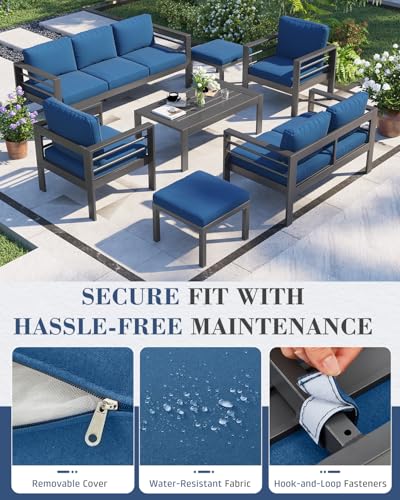 Image of AECOJOY Aluminum Patio Furniture Set, 9 Seats Modern Outdoor Furniture with Coffee Table, 7 Pieces Metal Conversation Sectional Sofa, Blue