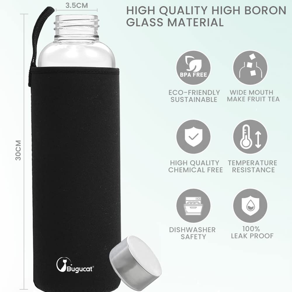 Bugucat Gourde En Verre 1000ML,Gourde Transparente Bouteille D'eau En