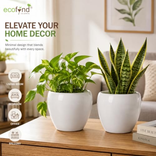 Image of ecofynd 5.1 Inch Ceramic Plant Pots with Drainage Hole, Modern Decorative Clay Flower Pots for Indoor Plants, Home Garden Decor for Living Room, Bedroom & Interior Spaces (Pack of 2, CPOT047-WHT)
