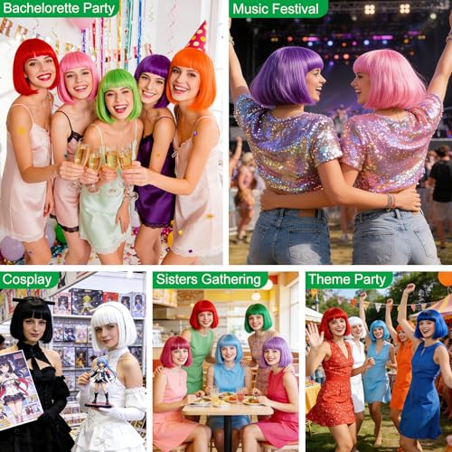 Image of MEEZY 2 Pcs Colorful Bob Wigs with Bangs Green Purple for Women, Neon Funny Wig Short Bob Hair with Heart Sunglasses Hair Cap for Halloween Costume Cosplay Birthday Bachelorette Party Carnival
