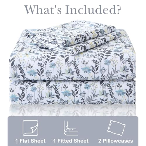 Image of Mooreeke Cozy Vintage Microfiber Printed King Sheet Set - Soft Breathable Percale Cotton Floral Bed Sheets with Deep Pocket - Non-Slip Fitted Design - Yellow Blue Gray Gradient Flowers Pattern