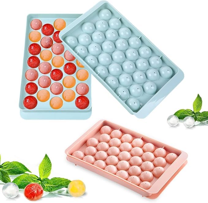 Image of KEMETHY 2-pc Plastic Reusable Flexible Ice Cube Trays, 33 Cavity Mini Round Ice Tray Molds for Whiskey & Cocktails, Keep Drinks Chilled Multicolor (2-33 Ice Plastic Tray)
