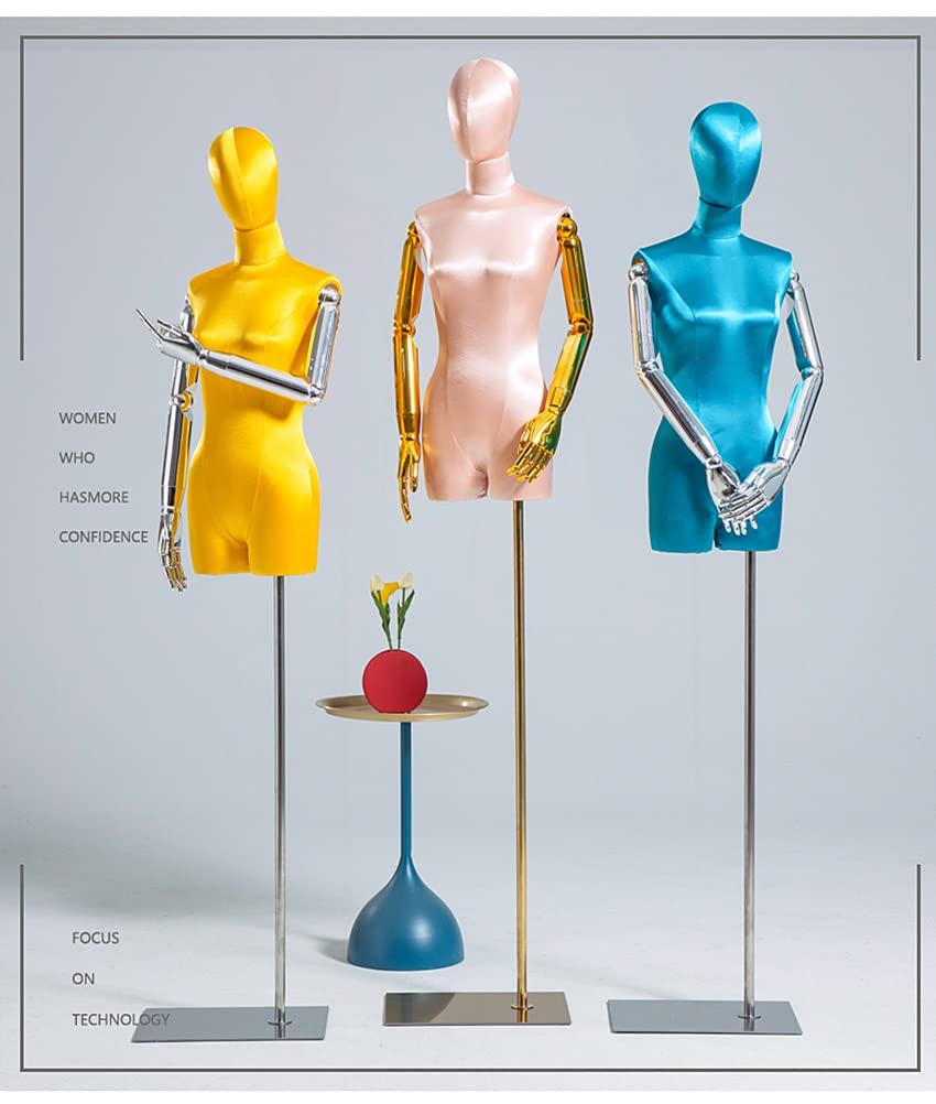 Manichino Sartoriale Donna Busto Manichino da Esposizione for metà Corpo Femminile, Busto Manichini da Donna in Plastica da Vetrina, Supporto in Metallo/Copertura in Seta