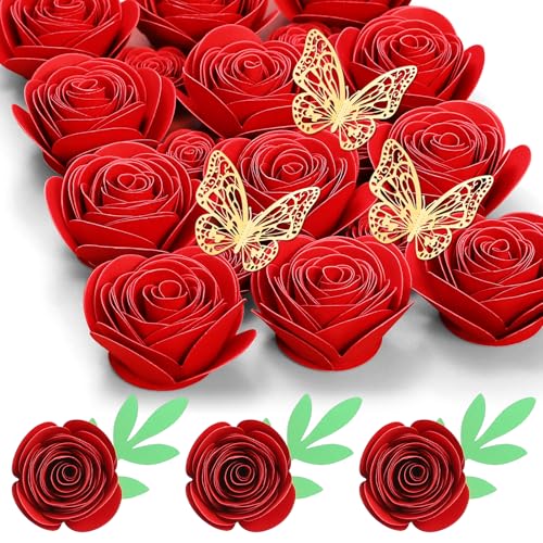 Mverse 18 Stück kleine Papierblumen, Rosen zum Basteln, Abschlusskappe, Schattenbox-Dekoration (rot)