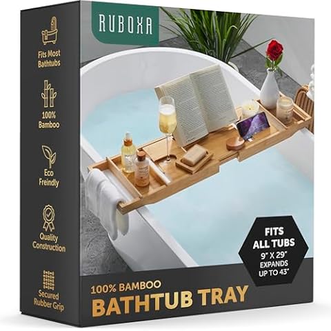 Luxurious Bamboo Bathtub Tray for Tub - Expandable Bath Tray for Bathtub Accessories, Seats One or Two People - Durable Bathtub Caddy Holds Tablet/Book, Phone, Wineglass Cover