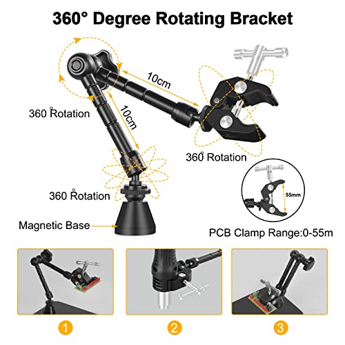 Magnetic Helping Hands Soldering Third Hand, PCB Circuit Board Holder with 3X LED Magnifying Lamp, 360 Hot Air Gun Holder, Extra Large & Heavy Duty Base Plate | Flexible Arms for Soldering Station