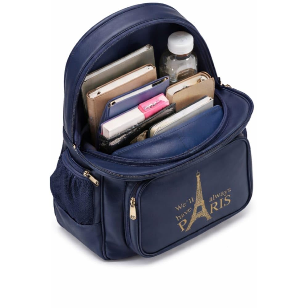 Navy Blue Faux Leather Backpack for Women & Girls – “We’ll Have Always Paris” Eiffel Tower Print, Stylish Travel School Bag with Multiple Compartments & Pom Pom Keychain-image-41