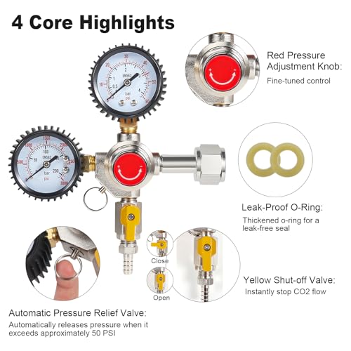 Image of Co2 Regulator for Kegerator - CGA320 Draft Beer Regulator Kegerator Regulator, Dual Gauge Brewing Keg Regulator, Co2 Tank Regulator Kegerator Parts, Co2 Pressure Regulator with 2 Hose Clamps
